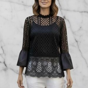 #A085  Dolce Cabo Vintage Black Lace Crochet Top, Victorian Neck M (No Tags)